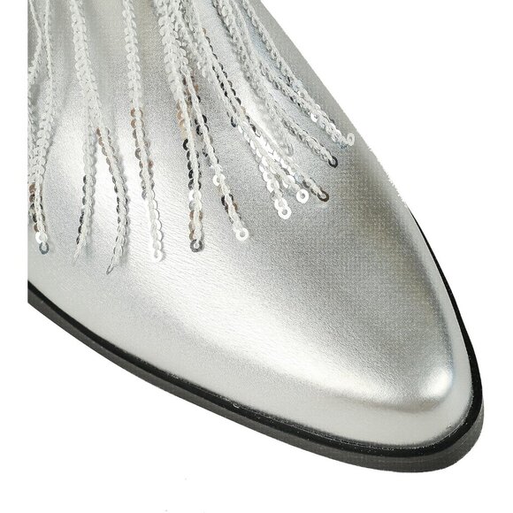 Women's Silver Leather Like Thick Heeled Tassels & Sequins Pointed Booties - Picture 3 of 6
